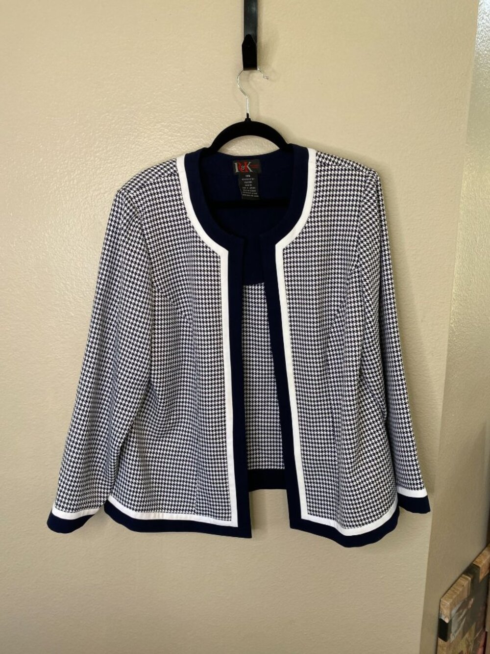 R&K Originals Women’s Houndstooth Jacket Blazer Short 14W Navy White Polyester